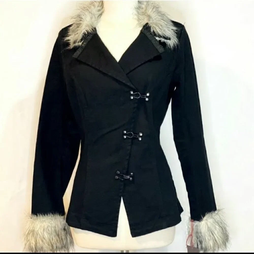 Tripp NYC Y2k Goth Jacket black Denim Faux Fur Collar Cuffs AS NEW - Picture 1 of 8